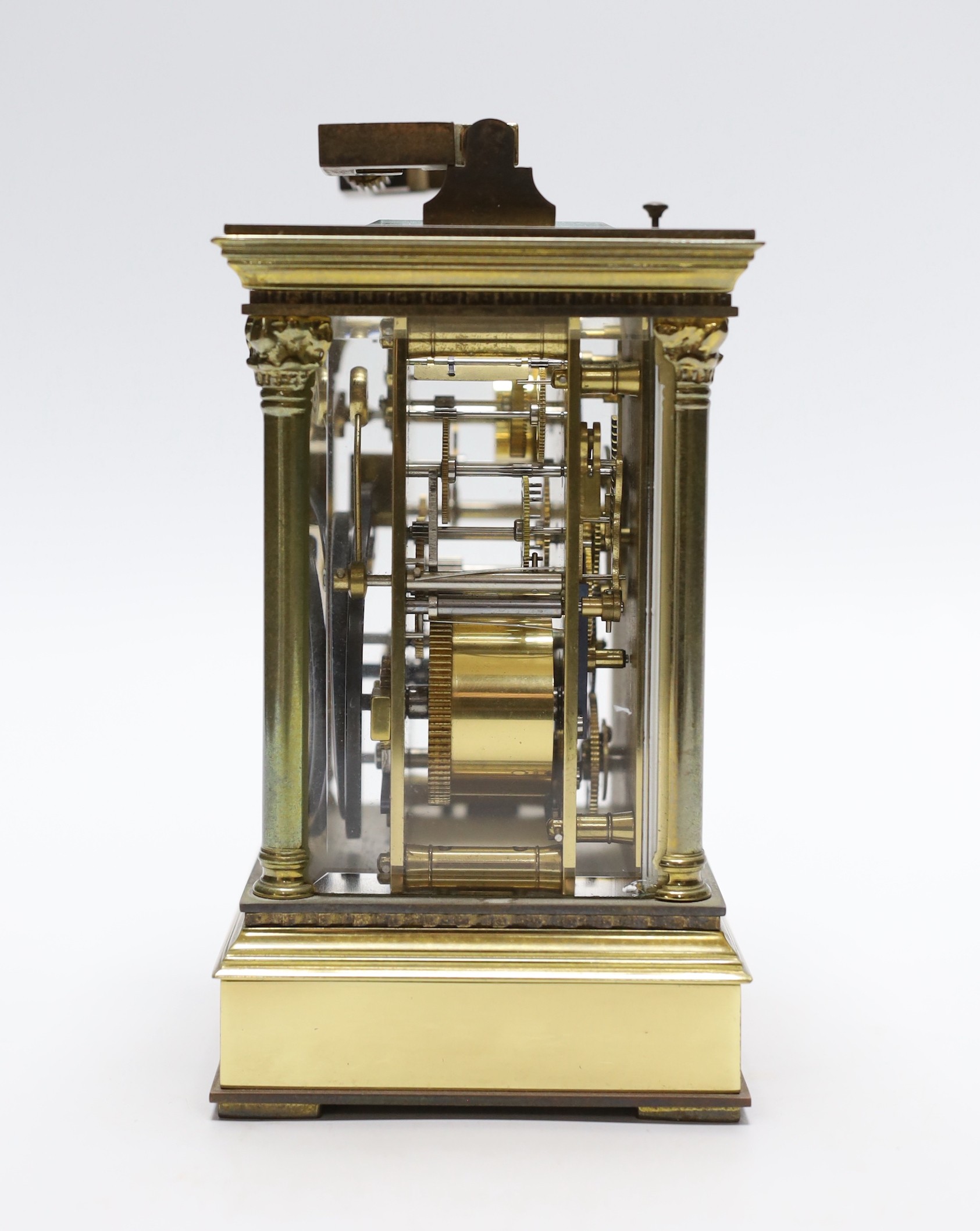 A large brass cased carriage clock retailed by St. James, 17cm